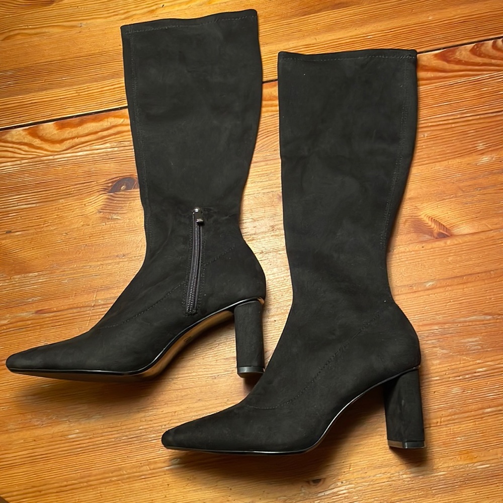 Zara Black Suede Knee-High Block Heel Boots